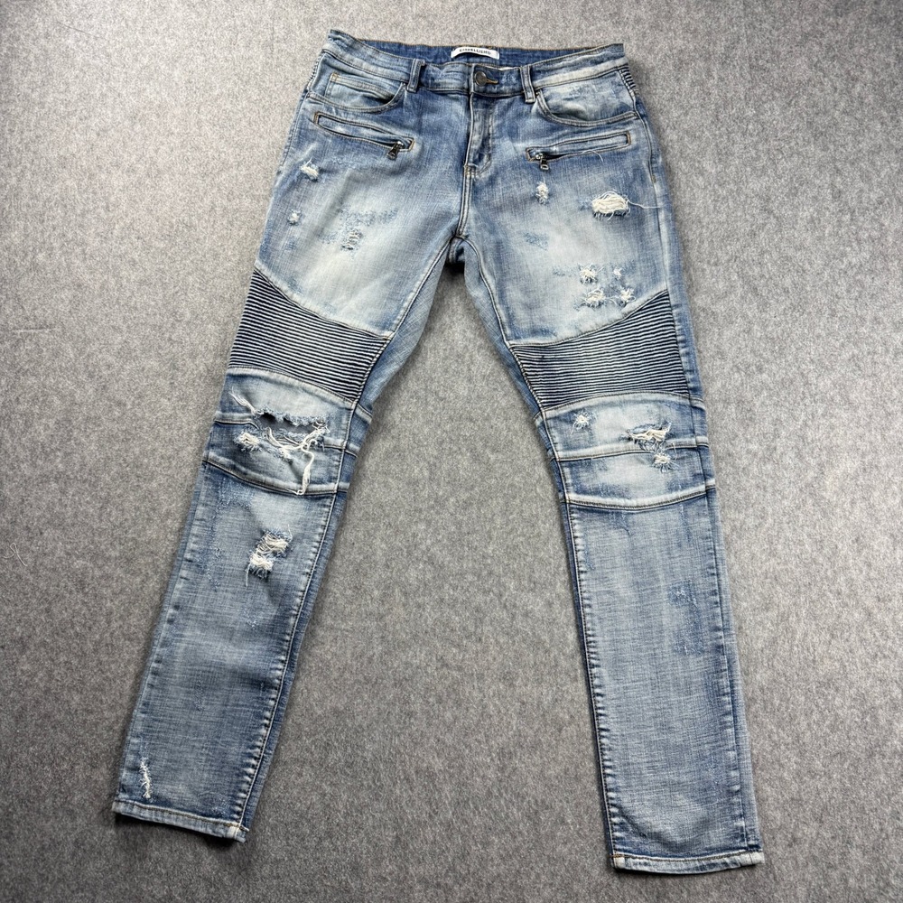 Embellish Men's Jeans 34x32 Blue Light Wash Distressed Slim Tapered Biker‎ Denim